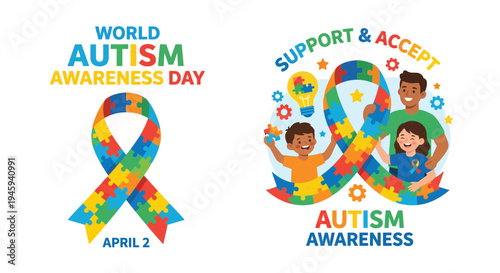 World autism awareness day illustration with puzzle ribbon and happy children