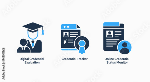 Education and digital credential management icons for status monitoring and certification tracking with e learning
