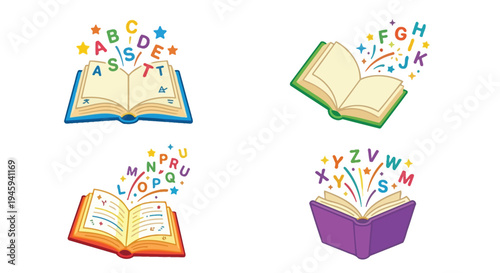 Four open books releasing colorful letters and sparkling star shapes