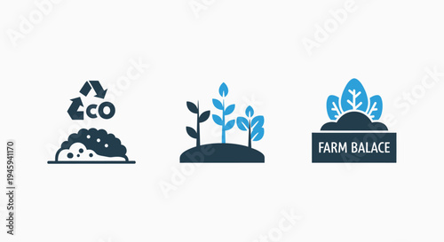 Sustainable eco farming and environmental balance icons for green agriculture and carbon control
