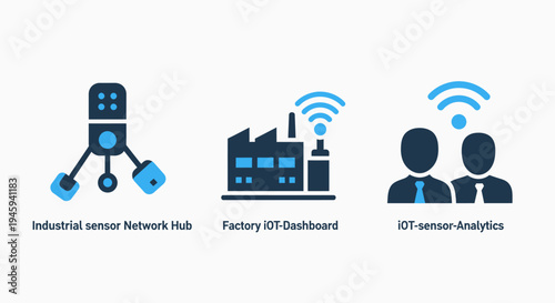 Industrial iot sensor network and factory dashboard icons for smart manufacturing analytics