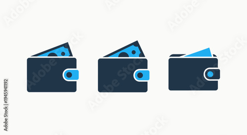 Financial wallet icons with cash and banknotes for savings and personal finance management
