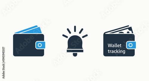 Cryptocurrency wallet icons including secure asset tracking management, transaction notification alarm, and digital finance banking storage for blockchain investors