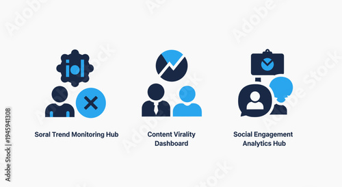Social media marketing analytics icons featuring trend monitoring hub, content virality dashboard metrics, and audience engagement analysis tools for digital business strategy