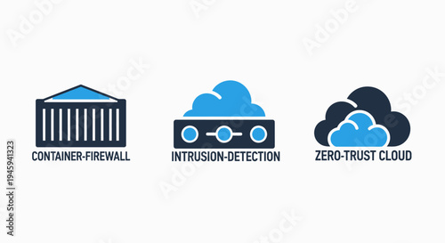Cyber security icons featuring container firewall protection, network intrusion detection systems, and zero trust cloud architecture security for information safety