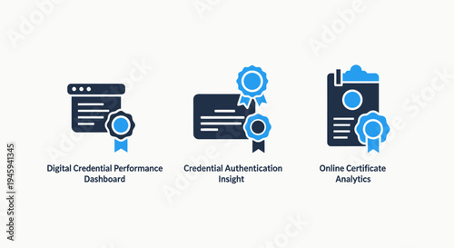 Digital credential performance and online certificate authentication analytics icons for education and professional certification