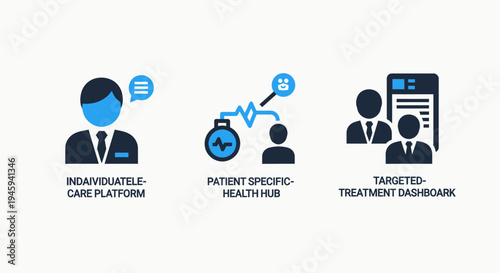 Healthcare patient specific health hub and targeted treatment dashboard icons for personalized care and medical data management