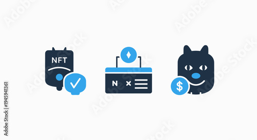 Nft digital asset and crypto art marketplace icons for blockchain technology and virtual currency trading