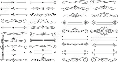 Vintage black decorative divider set, elegant floral swirl borders, ornamental calligraphic line elements, wedding invitation vector collection on white background