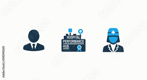 Hospital performance hub and healthcare management professional icons for medical administration and clinical excellence