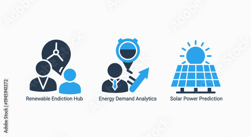 Renewable energy prediction and solar power demand analytics icons for sustainable infrastructure and green technology