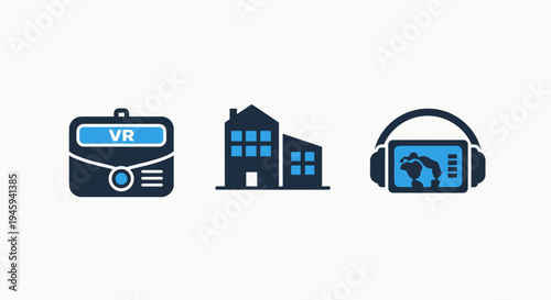 Virtual reality headset with real estate and multimedia property tour concept icons on white background