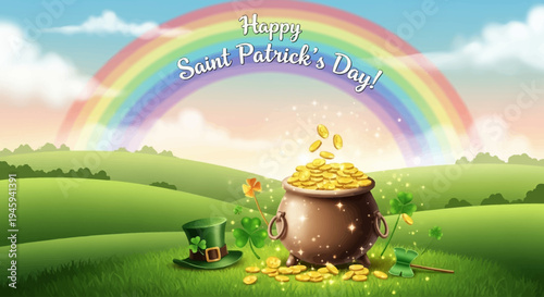 Title: A pot of gold sits at the base of a majestic waterfall, illuminated by a vibrant rainbow under a sky filled with fluffy clouds.

