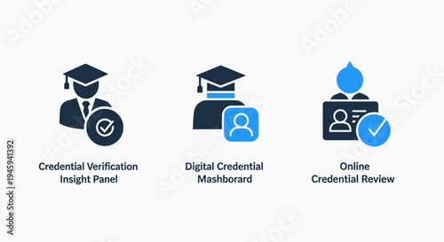 Digital credential verification and student graduation certification online dashboard icons