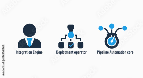 Integration engine and pipeline automation core icons for software deployment and devops infrastructure management
