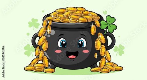 A cute cartoon pot of gold coins overflowing with a happy face and shamrocks.