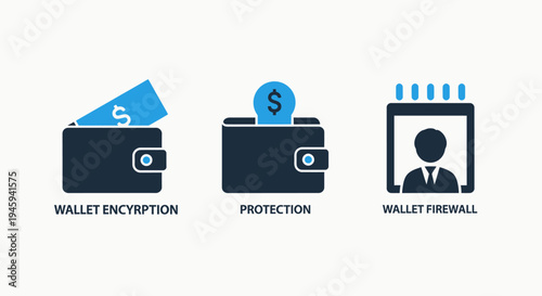 Wallet encryption and protection icons for financial security and digital wallet firewall cyber management