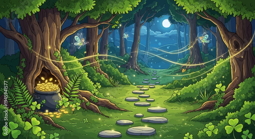A magical forest scene with glowing lights and shamrocks for Saint Patrick's Day, featuring a pot of gold.