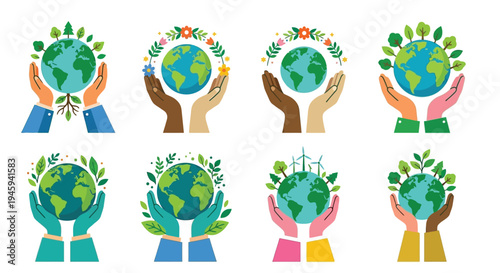 Hands cradling earth globes adorned with foliage and sustainable energy symbols