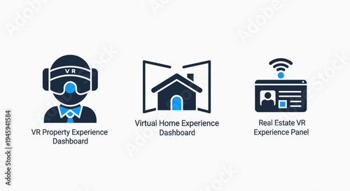 Virtual reality real estate and property experience dashboard icons for vr home tours and architectural visualization