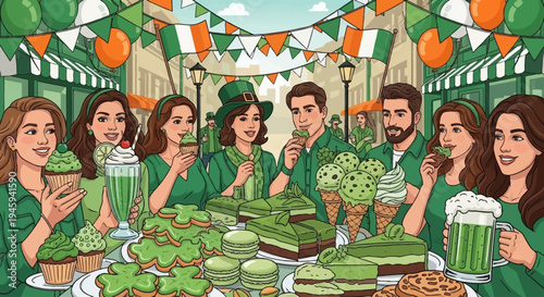 A vibrant street festival celebrating St. Patrick's Day with people in green attire, Irish flags, and live music.