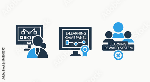 E-learning and gamified education icons featuring learning reward system game panel and online study with e learning