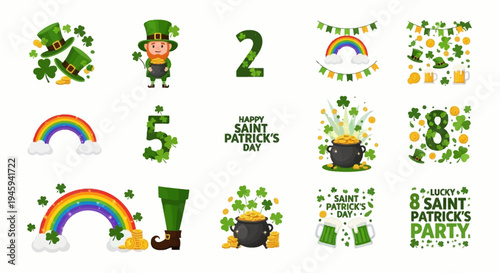 A collection of colorful St. Patrick's Day themed icons including a shamrock, leprechaun hat, rainbow, pot of gold, green beer, horseshoe, and harps.