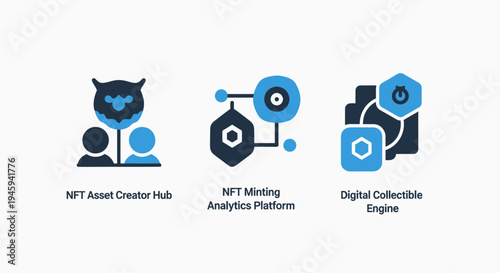 Nft and digital collectible marketplace icons for asset creator hub, minting analytics and blockchain engine