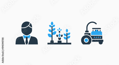 Smart agriculture and modern farming technology icons featuring farm manager, plant growth and harvest machinery