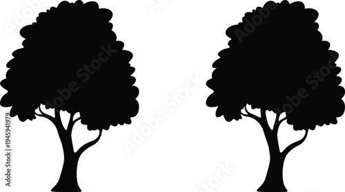 Twin tree silhouettes, rounded canopy vector, black forest design, nature illustration, outdoor landscape art, botanical comparison, woodland scenery, ecology background graphic