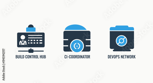 Software development and devops icons for build control hubs and ci coordination networks