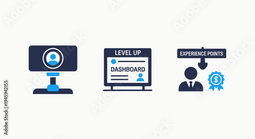 Gamification dashboard icons for user experience points and level up achievement monitoring