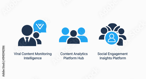 Viral content monitoring and social engagement insights platform icons for digital marketing analytics