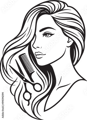 a woman with long hair and a comb and scissors Vector, illustration