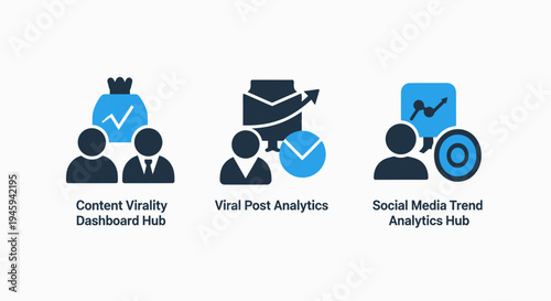 Social media content virality and trend analytics dashboard icon set for digital marketing growth and engagement tracking