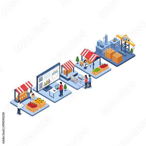 Isometric illustration depicting a supply chain process from raw materials to market distribution and sales.