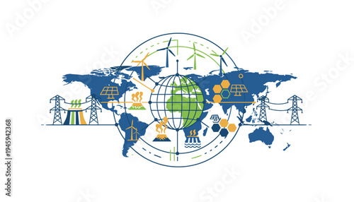 Global energy system with renewable and traditional power sources on world map. Concept of global energy transition and resource management.