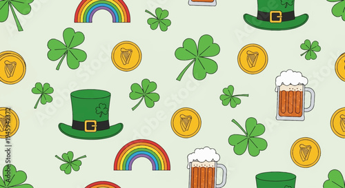 A festive St. Patrick's Day seamless pattern featuring leprechaun hats, shamrocks, gold coins, rainbows, and mugs of beer on a light green background.