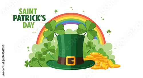 A vibrant illustration celebrating Saint Patrick's Day with a green leprechaun hat, shamrocks, a rainbow, and a pot of gold coins.