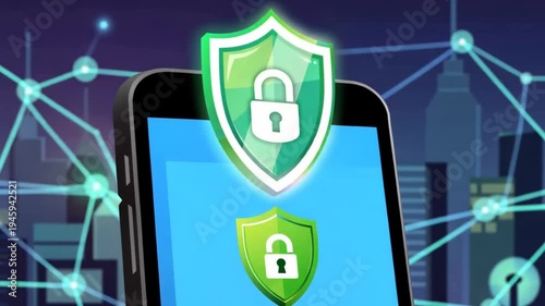 Mobile phone with shield and lock icons, symbolizing cybersecurity and protection, set against a cityscape at night with network connections