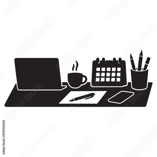 Organized desk with laptop, coffee, and calendar for productive work