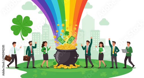 A group of happy business people celebrating around a pot of gold at the end of a rainbow, with a shamrock in the background.