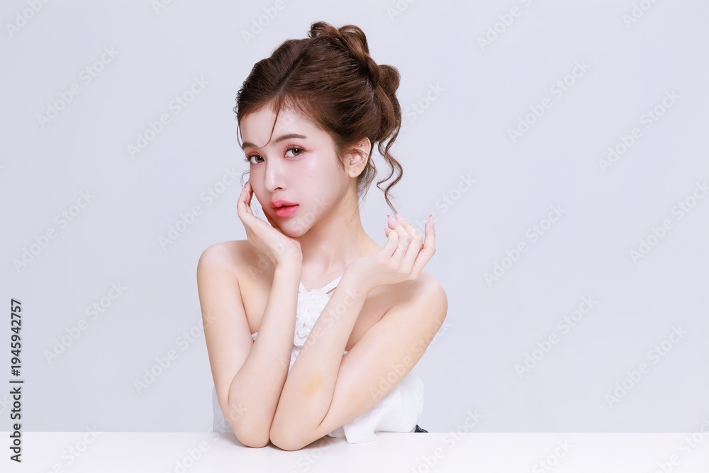 Obraz premium Young Asian Beauty Woman with Natural Makeup and Perfect Glowing Skin Beauty Portrait on Clean Studio Background.