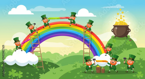 Leprechauns building a vibrant rainbow leading to a pot of gold on a green hill.