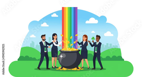 Diverse team of business professionals collaborating around a pot of gold at the end of a rainbow.