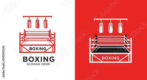 Boxing ring with punching bags on ropes illustration designs on white and red backgrounds