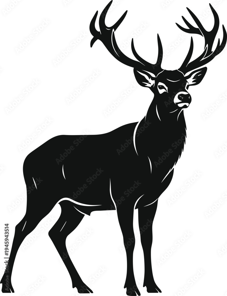 Fototapeta premium Black silhouette of a standing majestic stag deer with large antlers isolated on white background for wildlife and nature conservation.