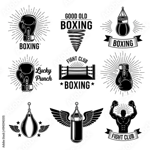 Black and white boxing icons and logos for sports and fitness designs  various boxing related illustrations
