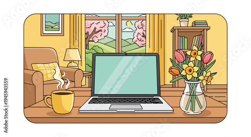 Illustration of a laptop on a wooden desk with a steaming coffee mug and a vase of colorful flowers in a cozy living room with a sunny window view.