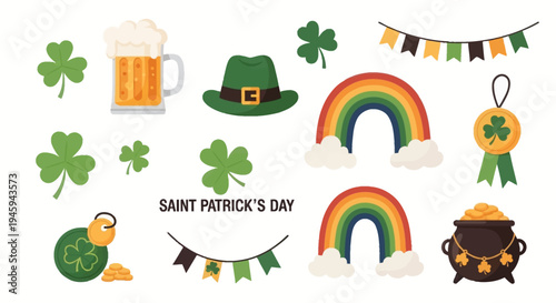 A collection of Saint Patrick's Day themed illustrations including shamrocks, a beer mug, a leprechaun hat, rainbows, and a pot of gold.